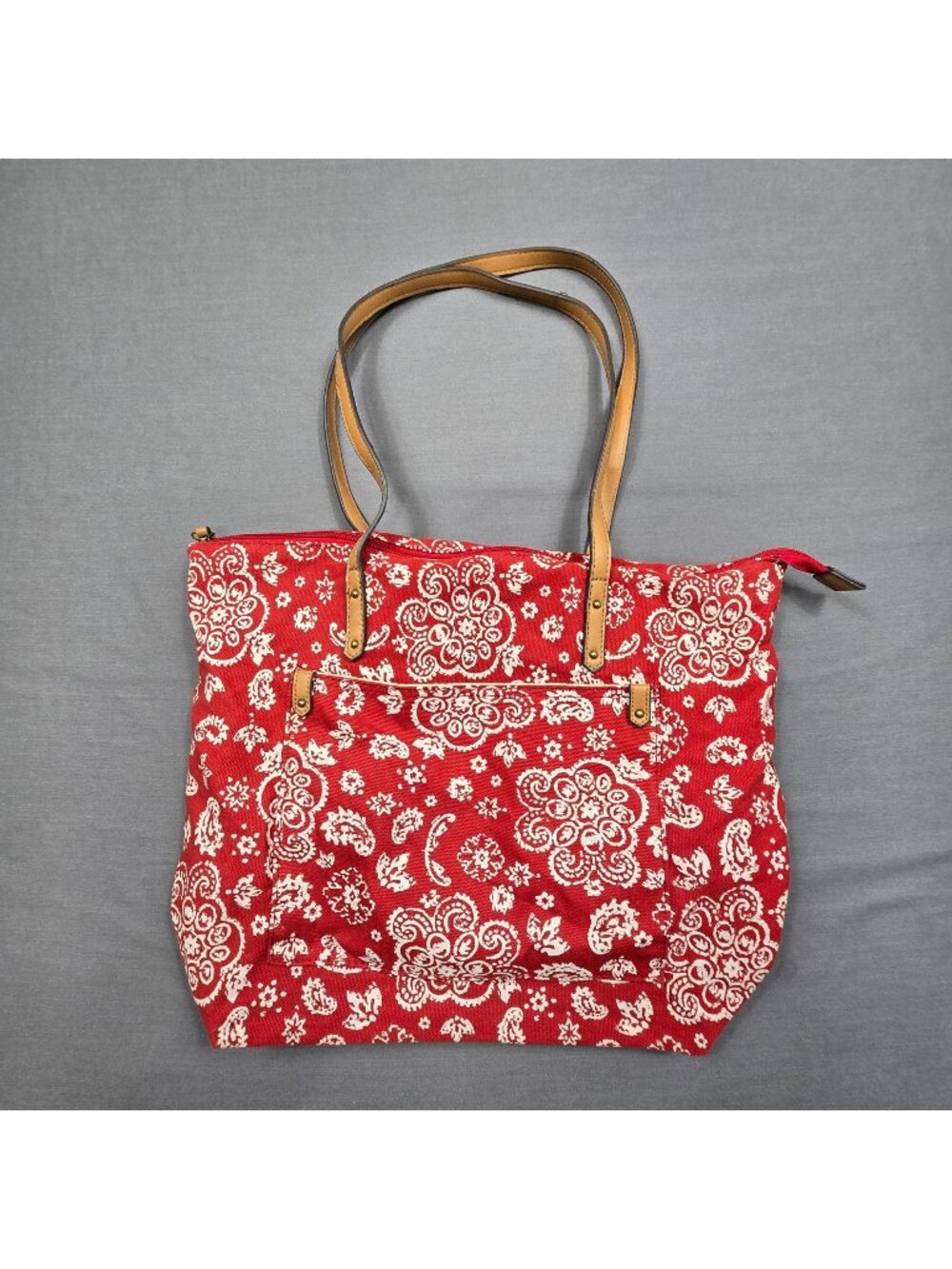 Sonoma Zipper Tote Bag Red Paisley Pattern Front Pocket Dual Handles